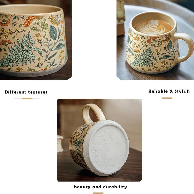 Stor keramisk kaffemugg 360ml, Söt kopp för kvinnor, Idealisk för te eller kaffe, Handmålad blommig design keramikmugg, 1 st