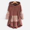 Women Fleece Patchwork Plush Button Hem Plus Size Hoodie Top Sweater Blouse