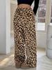 Women Leopard Print Wide Leg Pants Elastic Waist Drawstring Casual Loose Long Trousers
