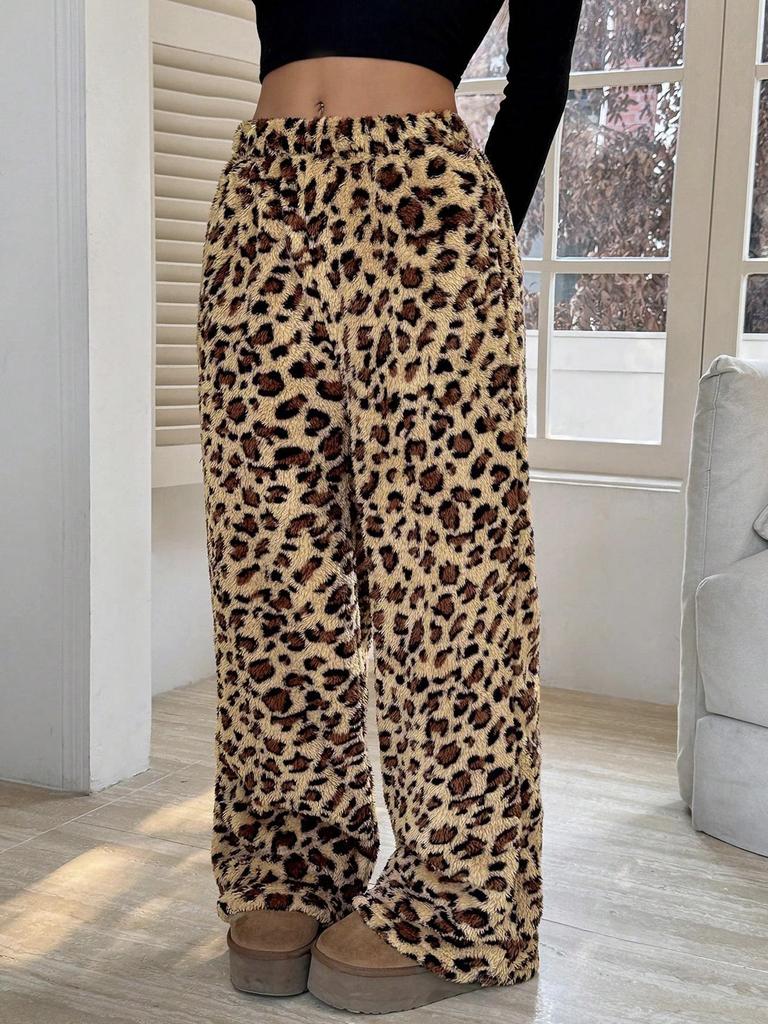 Women Leopard Print Wide Leg Pants Elastic Waist Drawstring Casual Loose Long Trousers