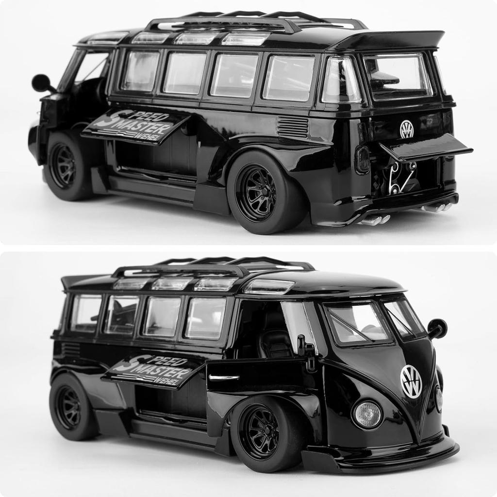 1/32 Scale Bus Transporter Model Car with Surfboards Convertible Camping Van, Zinc Alloy Pull Back Toy Car with Sound and Light for Kids Gift