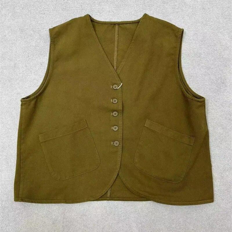 Johnature Spring Loose Vests Women Casual Workwear Sleeveless Top V-neck Cardigan Layered Cotton Coats