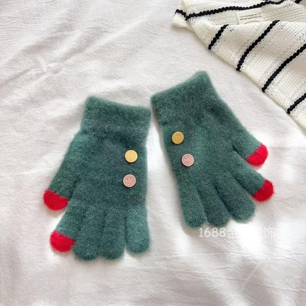 7-12 Year Old Children Button Five Fingers Warm Korean Version Smiley Face Baby Wool Boys and Girls Students Cold-proof Knitted Gloves