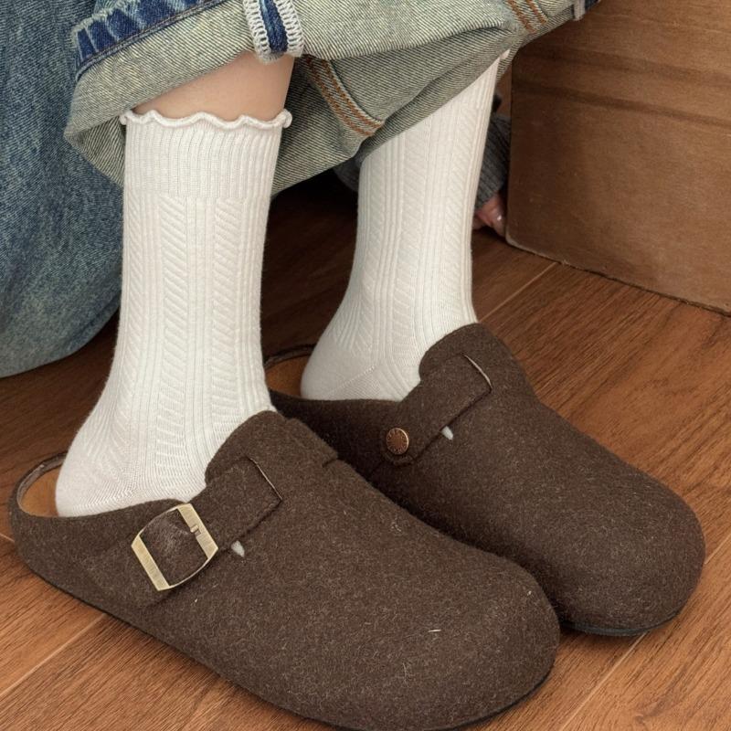 Black Fungus Edge Socks, Women's Mid-calf Socks, Combed Cotton Socks, Vertical Striped Ballet-style Pile Socks