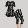 Women Plus Size Blue Black Printed Round Neck Short Sleeve Flared Top Capri Pants Two Piece Set