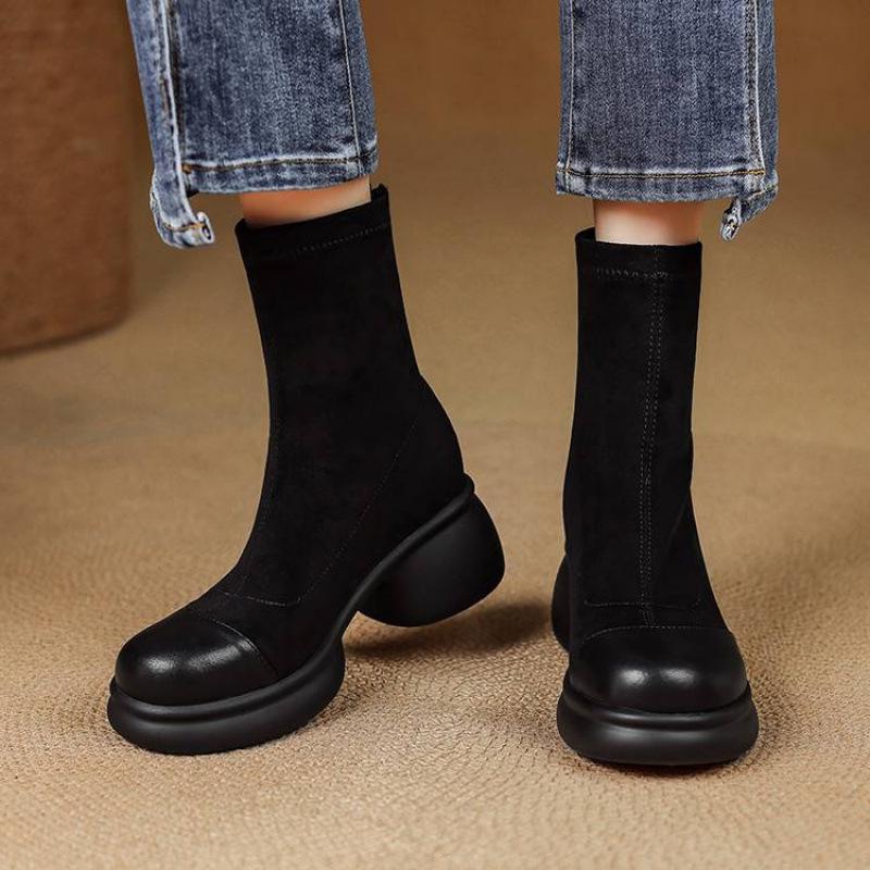 Korean Round Head Elastic Suede Fashion Boots Women's Thick-soled Medium Heel Large Size Women's Boots Rear Zipper Autumn and Winter Mid-tube Boots