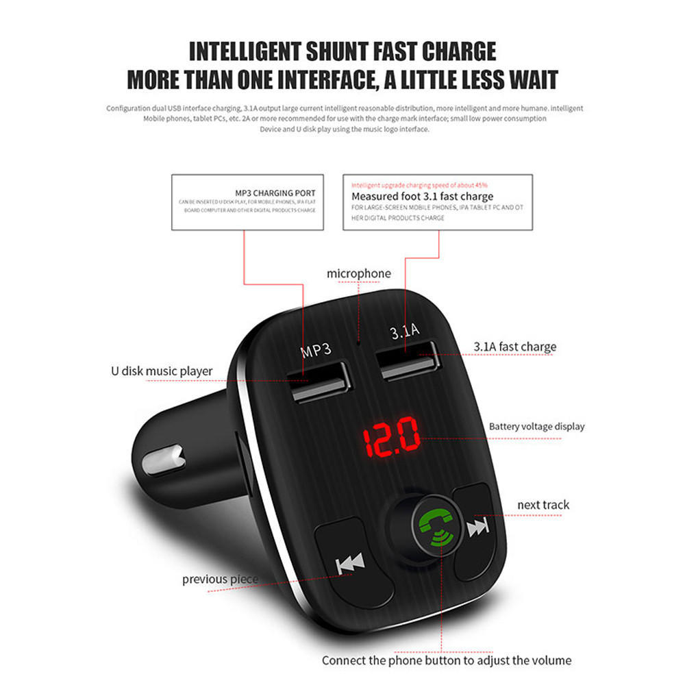 Dual USB Port Car Chargers Bluetooth FM Transmitter Handsfree Phone