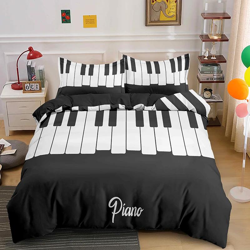 Piano Keys King Queen Duvet Cover 3D Cartoon Musical Notes Bedding Set For Kids Teens Adult Fashion Music Polyester Quilt Cover