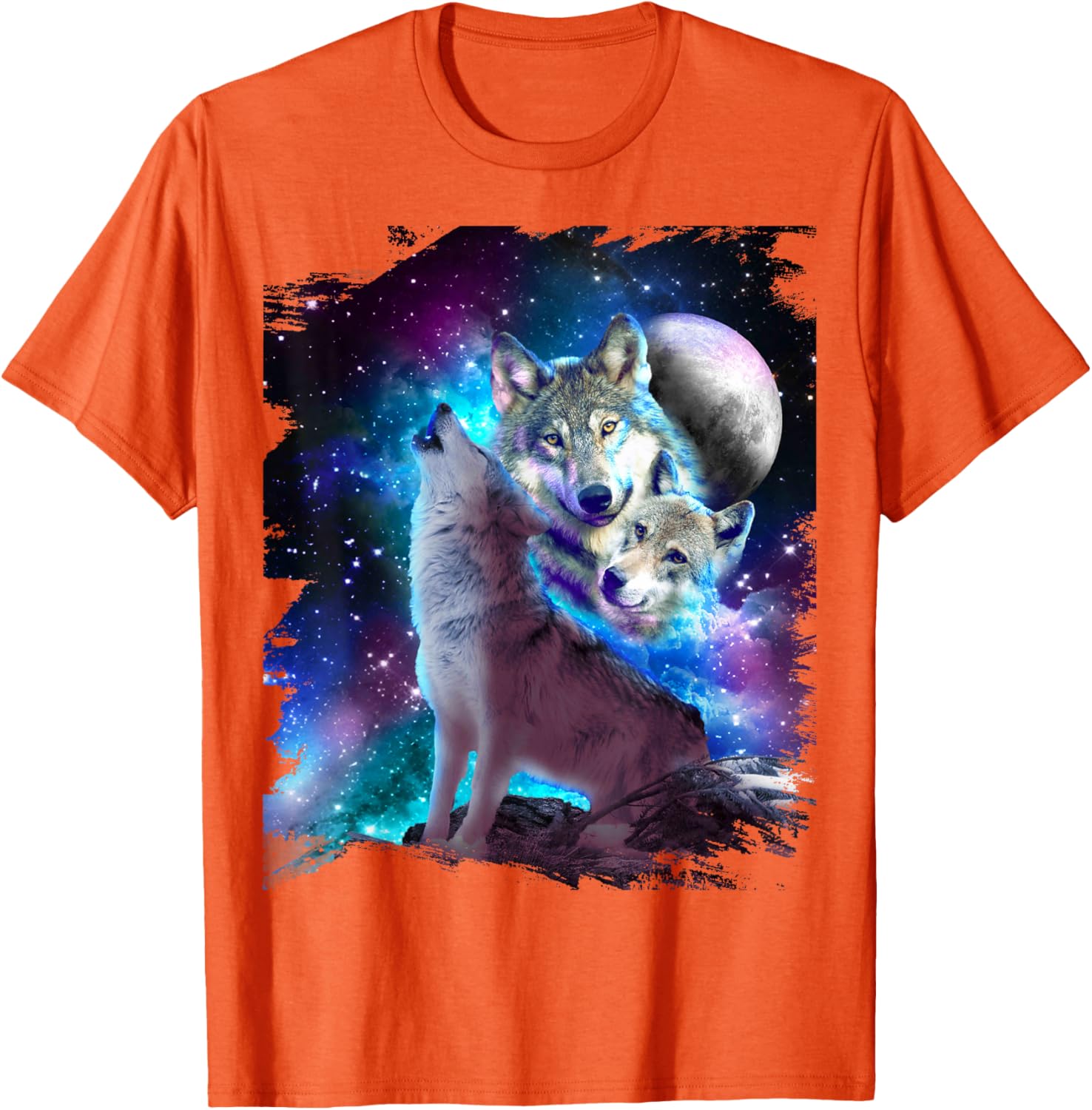 Lucky starfish Top Galaxy Wolf Pack Howling At Moon Print Katoenen T-shirt met Korte Mouwen en Ronde Hals voor Mannen Casual 4XL