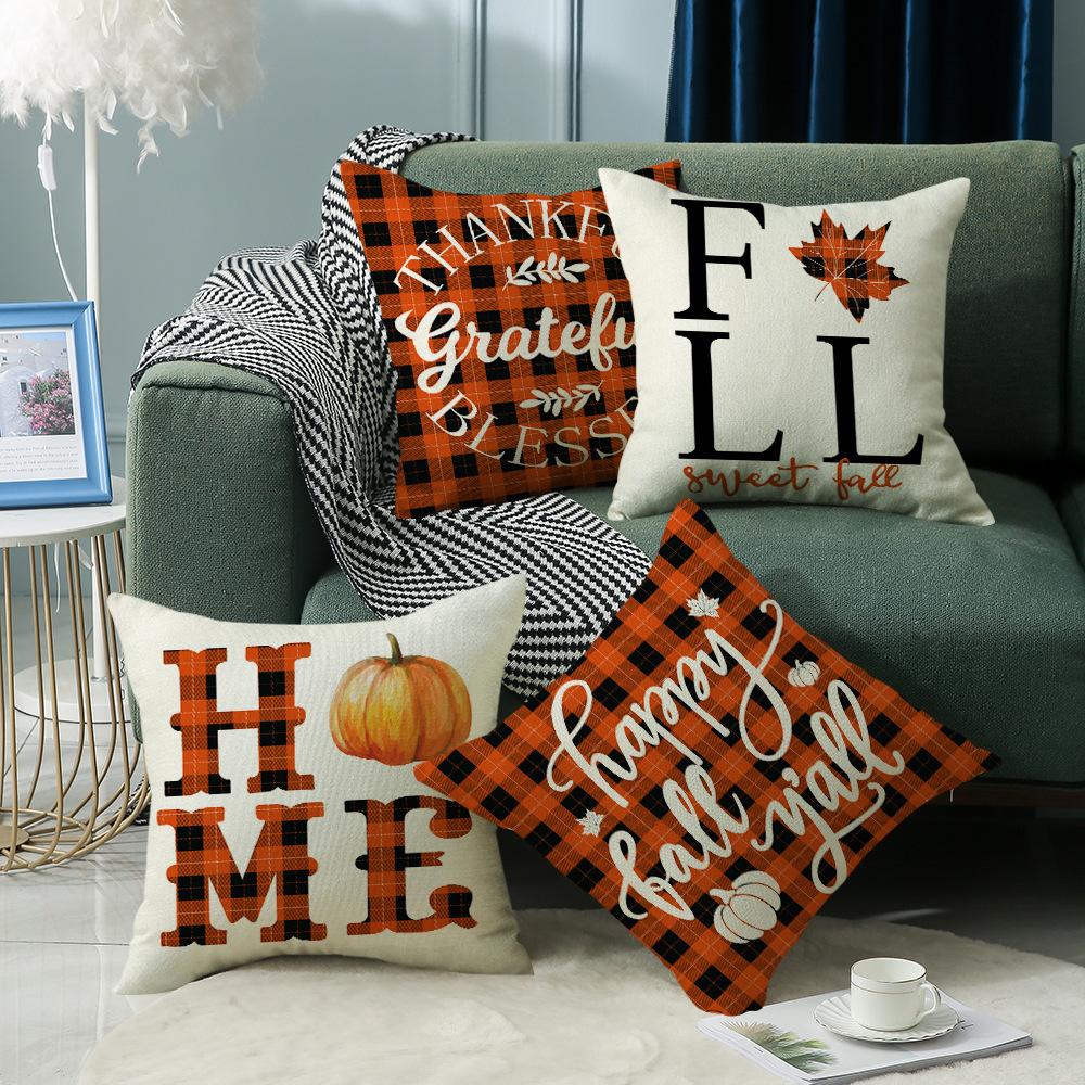 New Autumn Pillow Cover Watercolor Plaid Printed Maple Leaf Pumpkin Letter Pillow Home Cushion