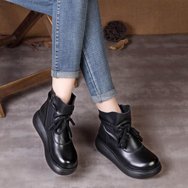 Johnature Genuine Leather Thick Soled Women's Wedges Short Boots Vintage Women's Platform Shoes