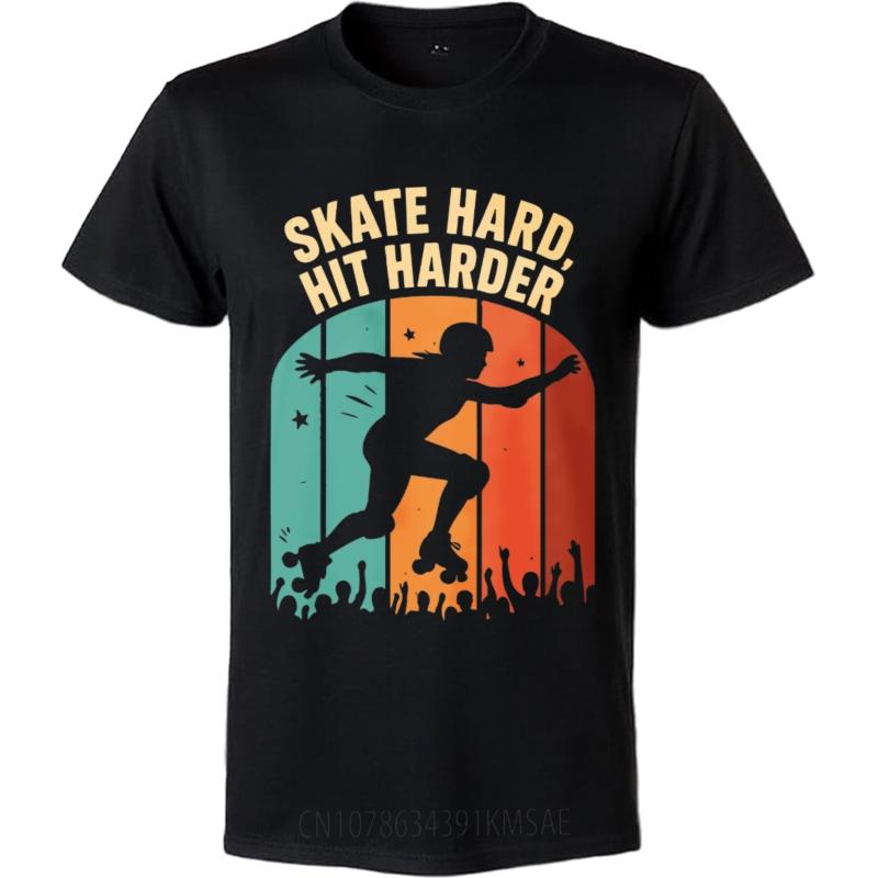 Solid Color Male Short Sleeve T Shirt Unisex Skate Hard Hit Harder Roller Skater Silhouette Crowd Background Classic Unisex