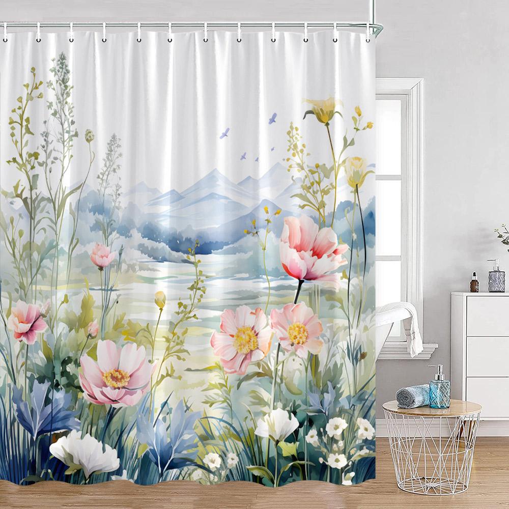 Watercolor Flowers Shower Curtains Colorful Flower Green Plants Botanical Bathroom Decorations Modern Aesthetic Bath Curtains