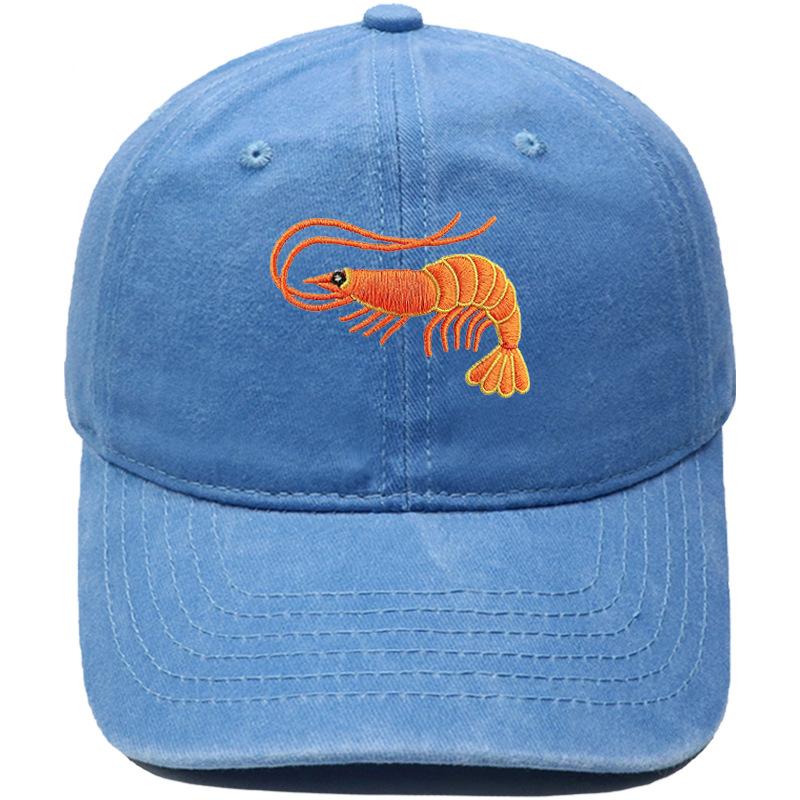 Neue Niedliche Orange Garnele Bestickte Baseballkappe Gewaschen Vintage Meeresbewohner Herren und Damen Lässige Sonnenschutzkappe