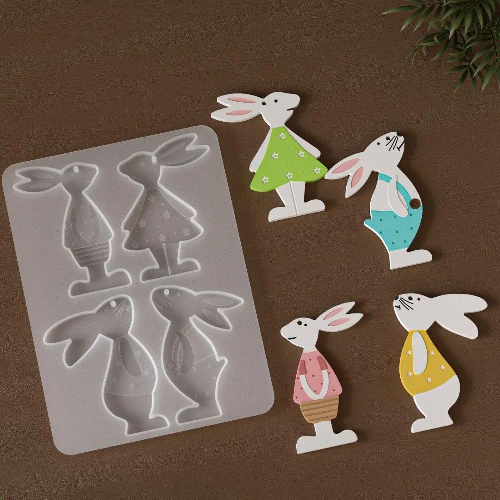 1PCS Pattern Rabbits Silicone Molds DIY Easter Decorative Hanging Tags Plaster Cement Mould Keychains Ornaments Epoxy Resin Mold