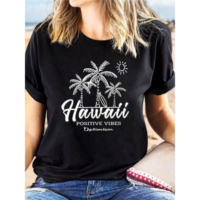 Übergröße, Hawaii POSITIVE VIBES Optimismus Grafikdruck Übergröße Damen T-Shirt, Kurzarm Rundhals Lässiges Oberteil für Sommer & Frühling,