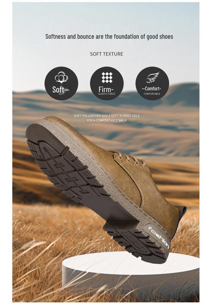 Men's Genuine Leather Casual Dress Shoes - Soft Sole, Non-Slip, Wear-Resistant, Versatile Low-Top Lace-Up Design