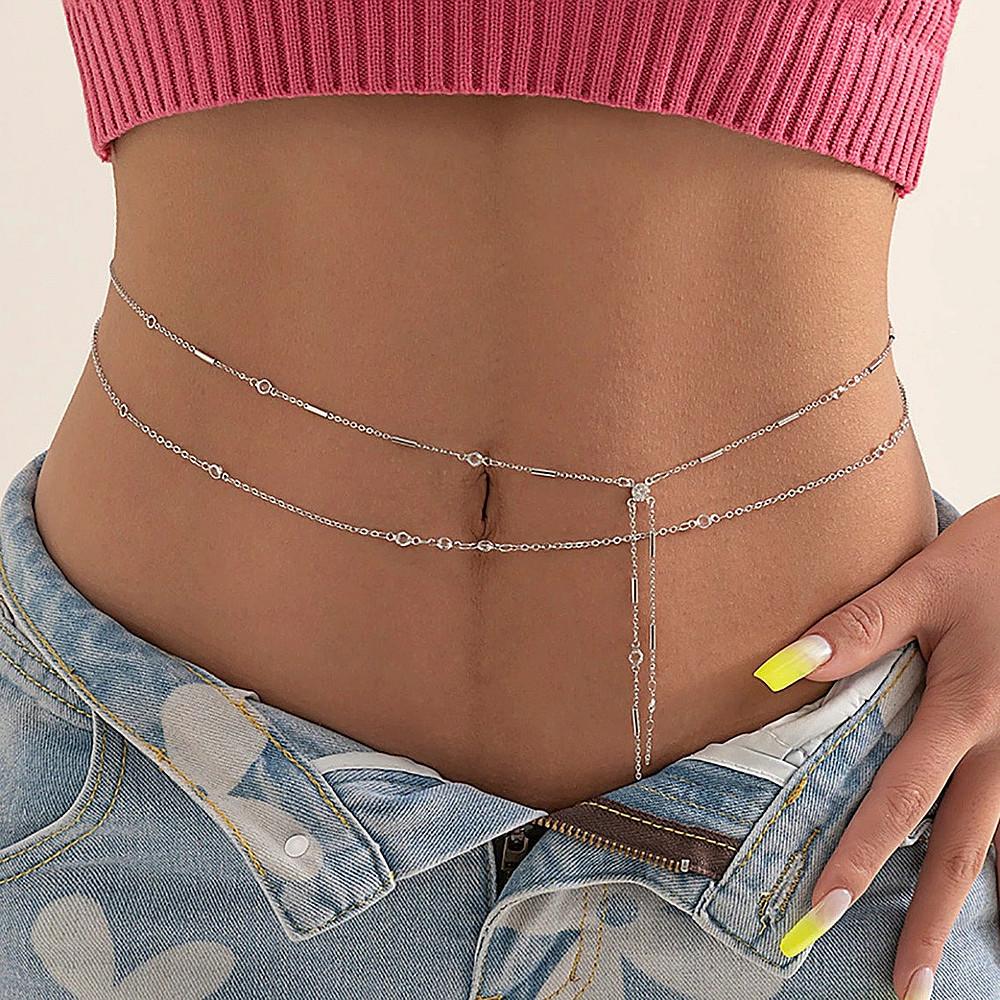 BEPAN Hip Hop Fashion Metal Double Layer Chain Sexy Pants Chain Body Chain Imitation Crystal Fashion Sexy Adjustable Waist Chain