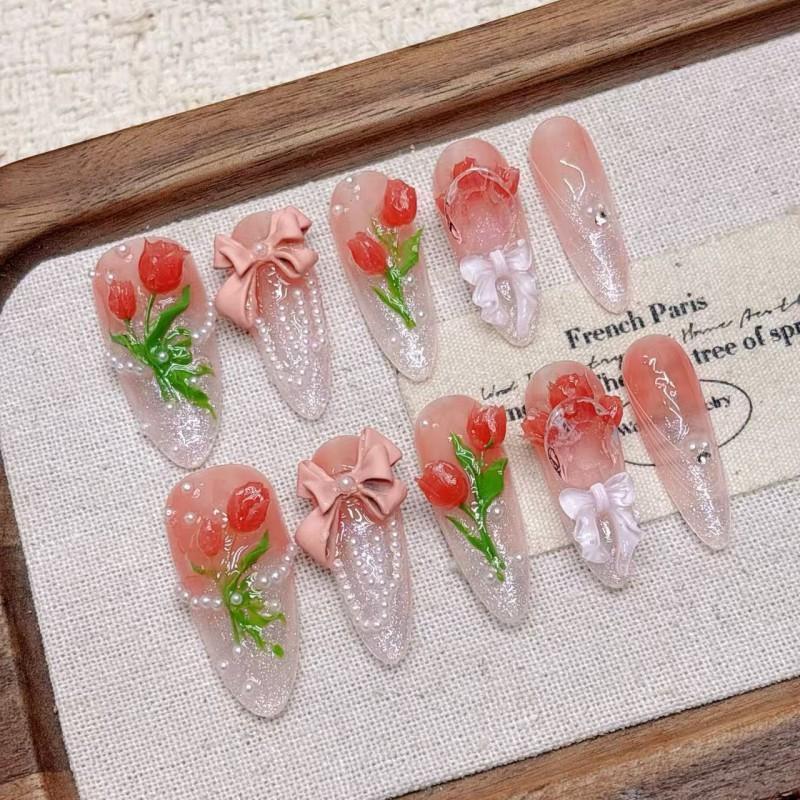 Handcrafted 3D Floral Press-On Nails With Gradient Pink Tulip Design Ice-Transparent Long Style Women