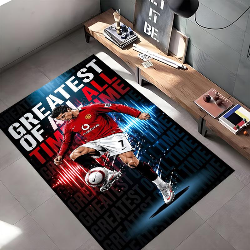 Soccer Star Area Rug, Cristiano Ronaldo Manchester United 7 GOAT Red Jersey Print, Football Fan Living Room Decor, Non-Slip Mat