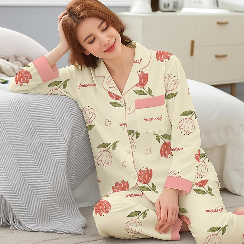 Spring and Autumn Mid-mother Large-size Loungewear Imitation Cotton Long-sleeved High-value Pajamas Women's Floral Cardigan Set