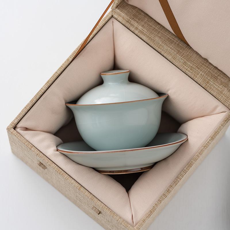

Ru kiln three talents cover bowl tea cup handmade high-end tea bowl master famous high-end kung fu tea set tea cup
