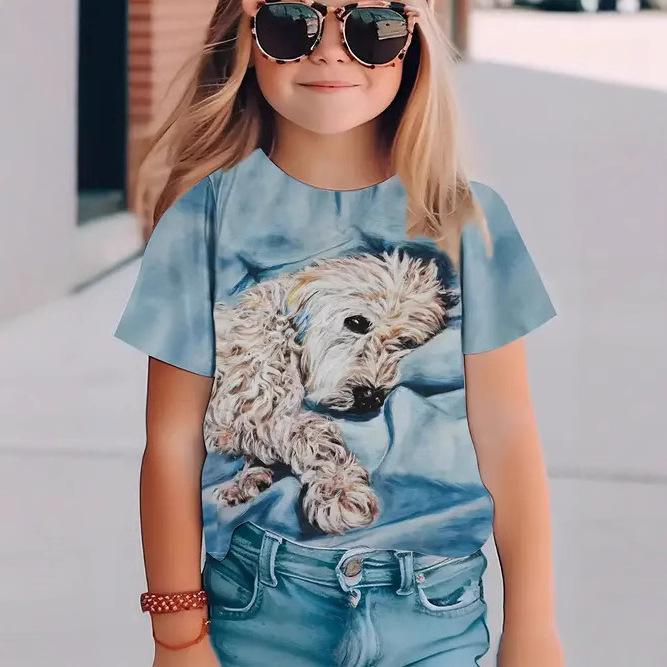 Summer Round Neck 3D Printed Top Fashionable Casual Short Sleeved Children's Girl T-shirts