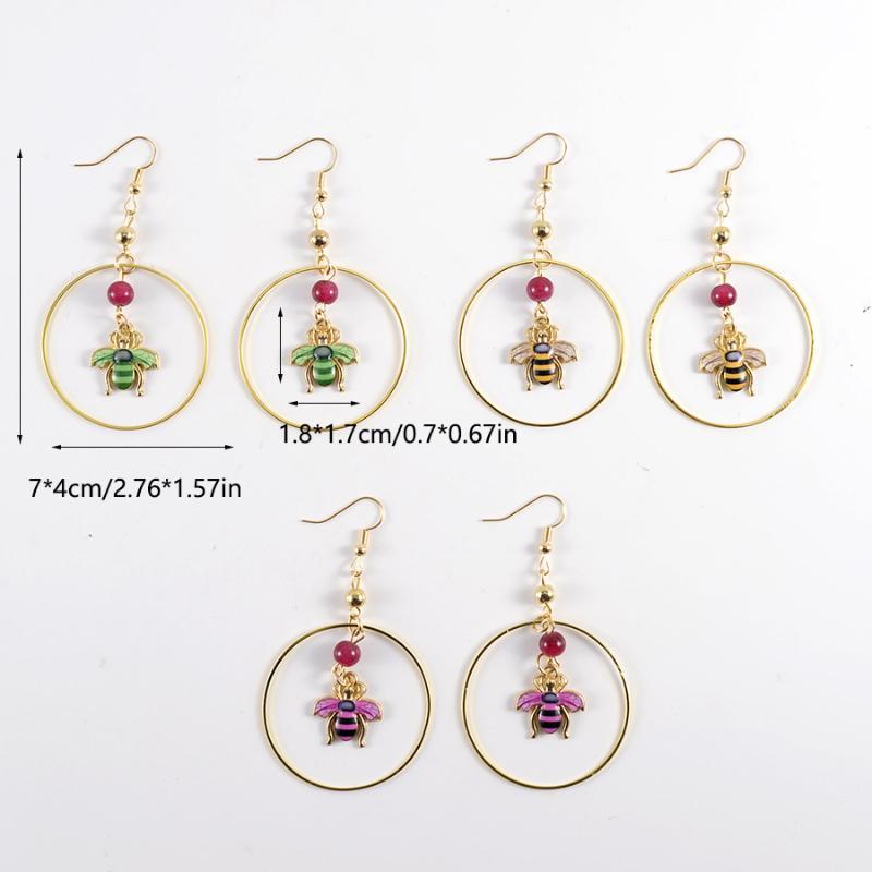 Rust-proof Gold Plated Hoop Dangle Earrings Enamel Bee Charm Red Bead Accent for Women Casual Daily Wear Gift