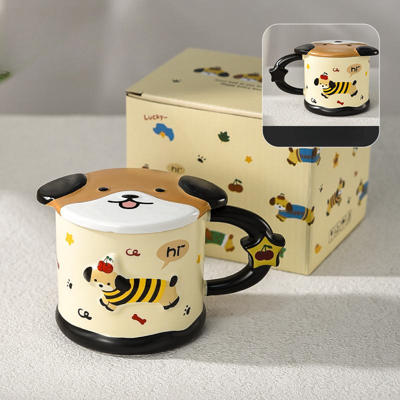 Dachshund Dog with Lid Ceramic Mug Couple Cute Office Water Cup Female Office Worker Particularly Beautiful Cup