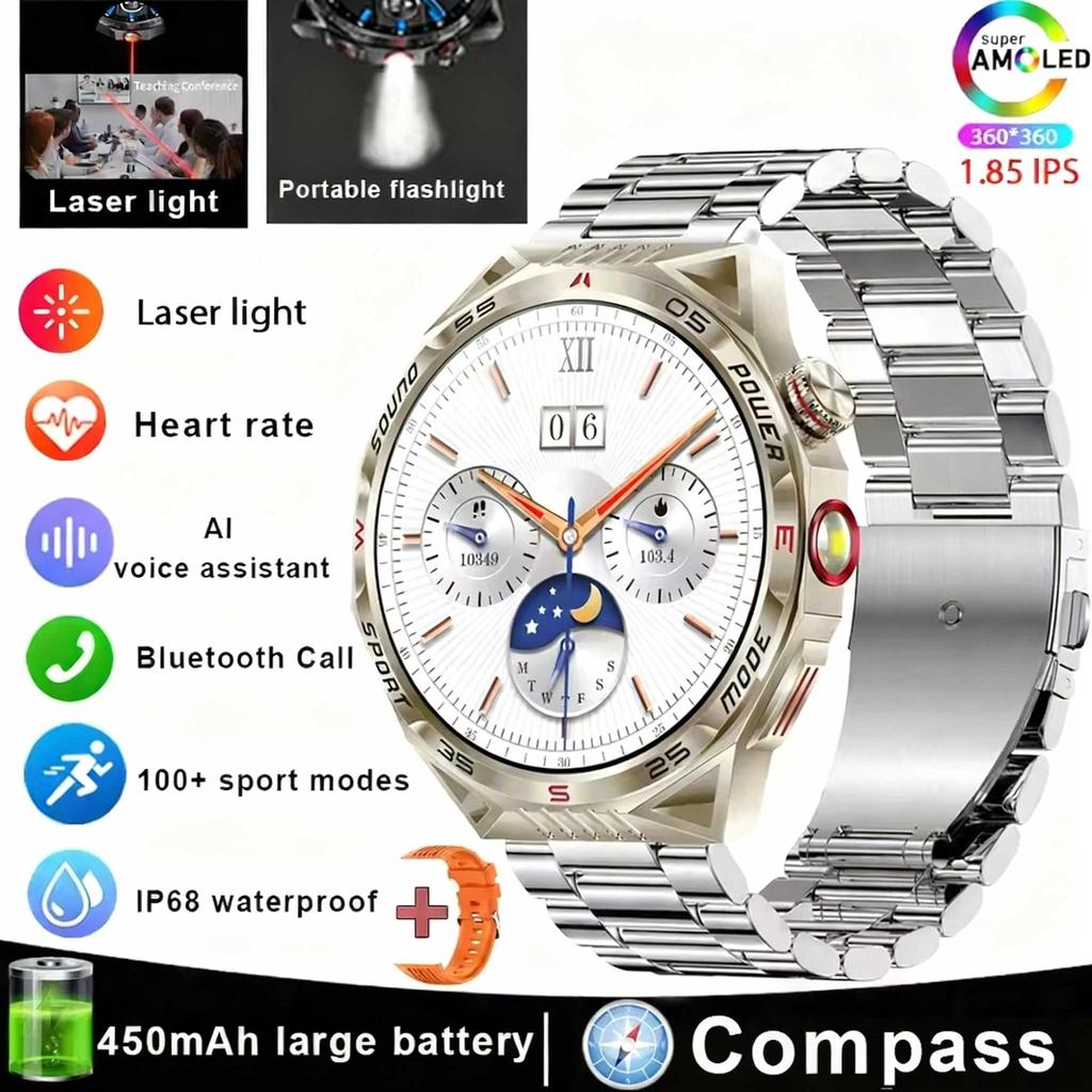 Outdoor Sport Kompass Smartwatch Herren Taschenlampe Laserlicht 450mAh Akku GPS Sport Track Wasserdicht Bluetooth Anruf Smartwatch
