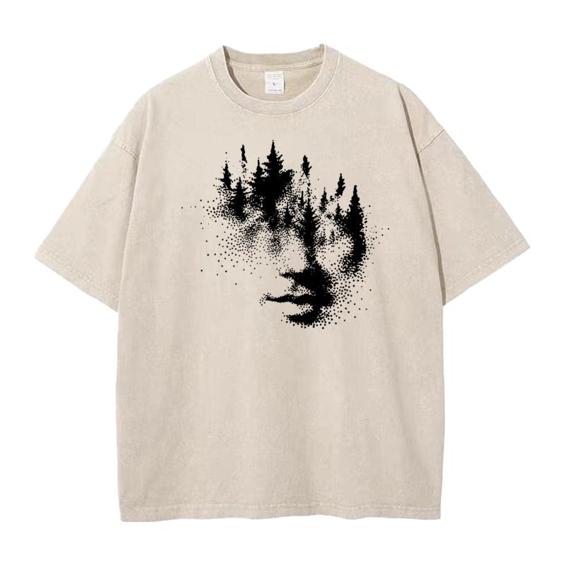 Funny Forest Face Youth Washed TShirt Classic Father Day Short Sleeve ONeck Pure Cotton Tees Hip hop Washed TShirt