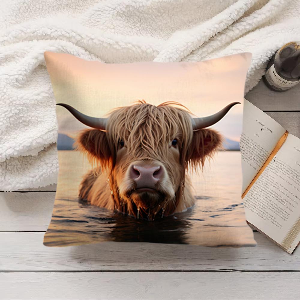 Cute Highland Cow Cushion Cover Short Plush DoubleSided Printing Home Machine Washable in Warm Winter Pillow Cover