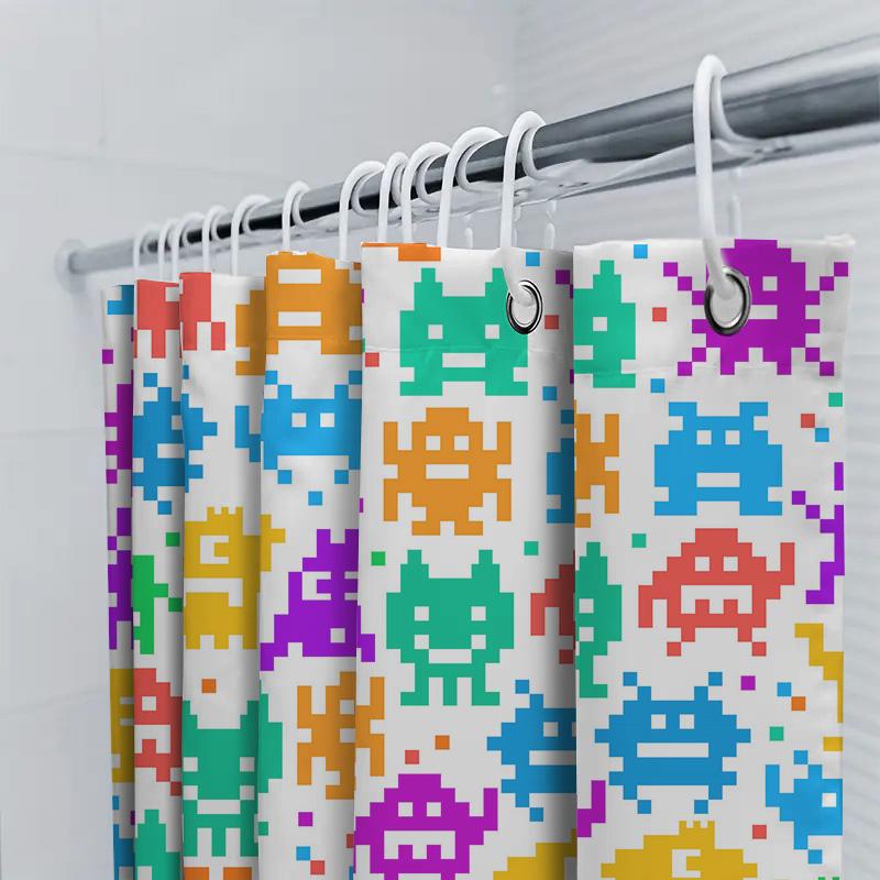 Pixelated Space Invaders Shower Curtain Set Multi-Color Retro Video Game Decor For Bathroom