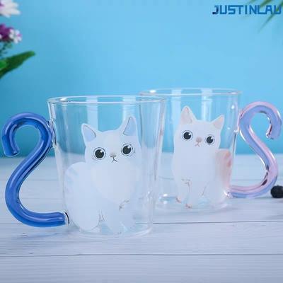 Milk Juice Cup Coffee Cup Cute Cat Transparent Glass Cup Suitable for Couples To Give Gifts with Handle Glass Cup Mug