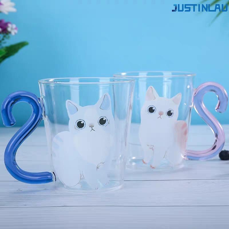 Milk Juice Cup Coffee Cup Cute Cat Transparent Glass Cup Suitable for Couples To Give Gifts with Handle Glass Cup Mug