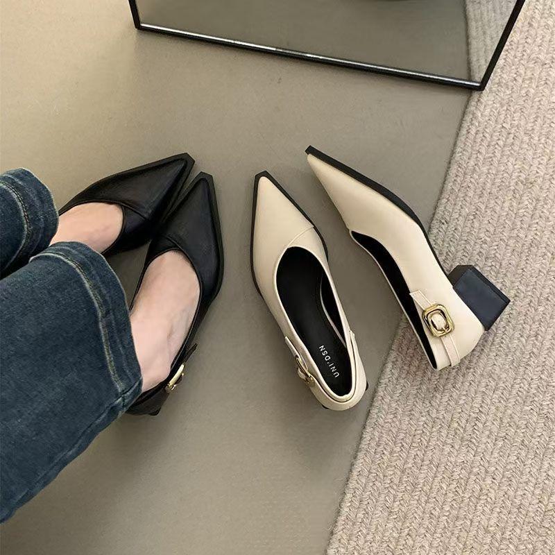 Fashion Office Lady Square Heels Pointed Slip on Shoes Classic Comfortable Small Heel Shoe 4cm 2024 Women Leather Pumps Shoes