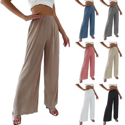 Neue Damen Casual Locker Sitzende Einfarbige Weite Hosen, Plissierte Fließende Hosen mit Drapierter Stoff für Frühling Sommer