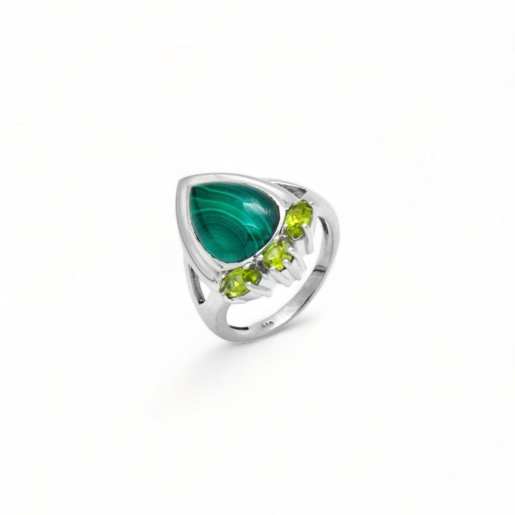 Malachite and Peridot Ring in 925 Sterling Silver – Handmade Women’s Gemstone Jewelry, Anniversary gift for Her, Christmas Gift