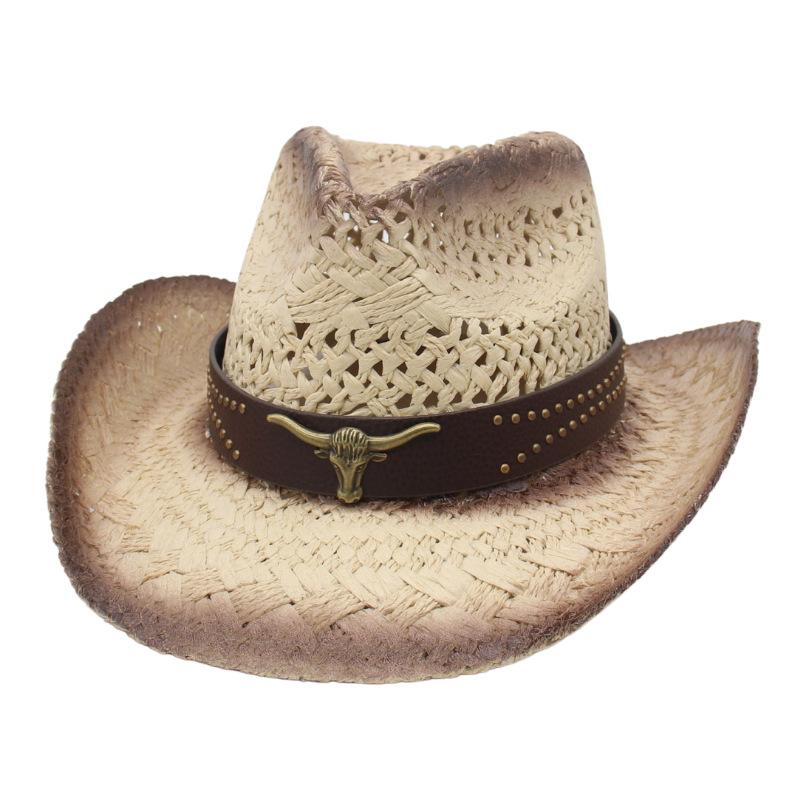 Cowboy Hat Panama Hollow Straw Hat Cowboy Straw Hat Women'S Belt Decorative Sunscreen Shade Seaside Beach Hat