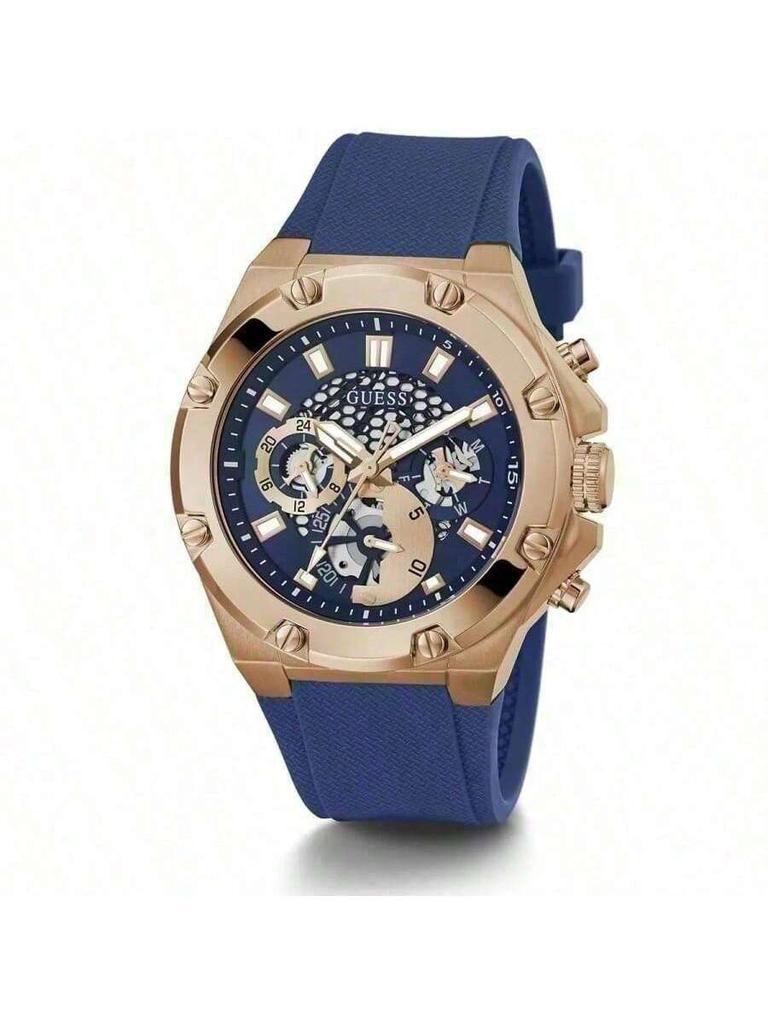 Guess Ceasuri pentru Bărbați-Curea de Ceas din Cauciuc Negru Cadran Auricalcic Ceasuri Multifuncționale pentru Bărbați Ideale pentru Muncă Zilnică și Sport în Aer Liber GW0334G3