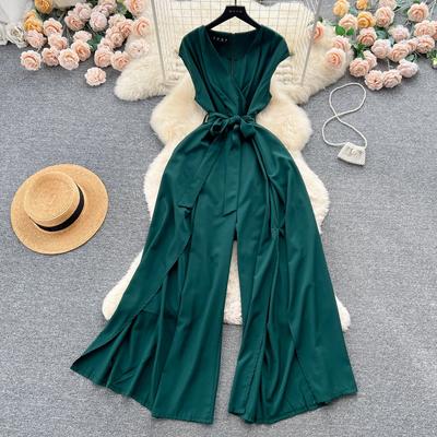 Combinaison d'été vintage pour femmes, jambes larges, élégante, v-nevck, sans manches, taille haute, Slim, décontractée, Bandage, barboteuse, nouvelle mode