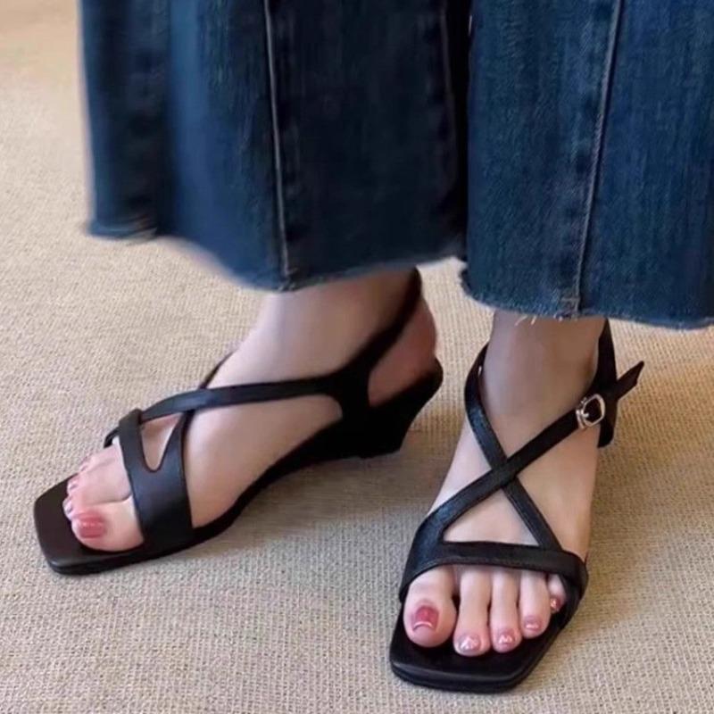 Fashion New Wedge Sandals Summer Outward Wear Square Toe Open Toe Crossover Thin Strap Buckle Temperament Not Tired Feet Roman Shoes