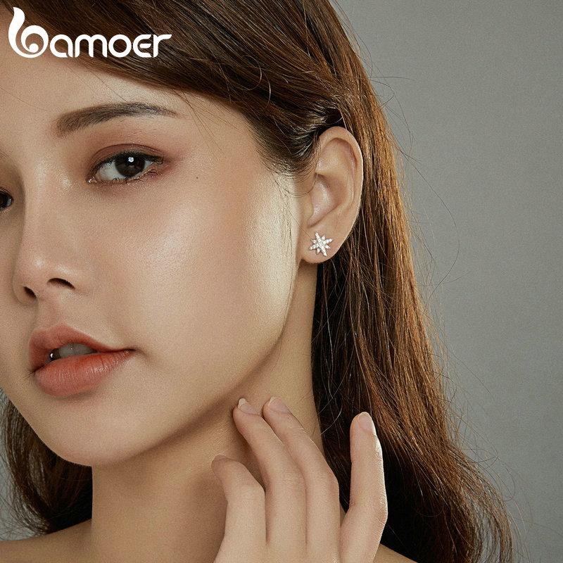 Bamoer Authentic 925 Silver Asymmetric Star Drop Earrings Clear CZ Stud Earring for Women Birthday Gift Jewelry BSE433