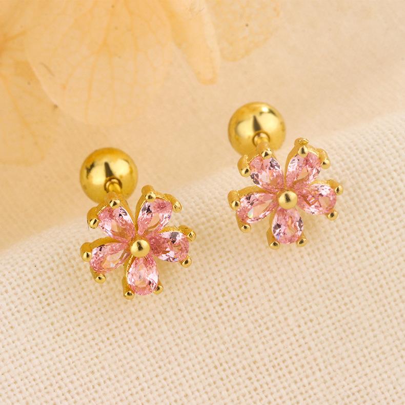 Elegant Zircon Flower Screw Back Earrings For Women Fashionable Small Exquisite Niche Design Studs Jewelry