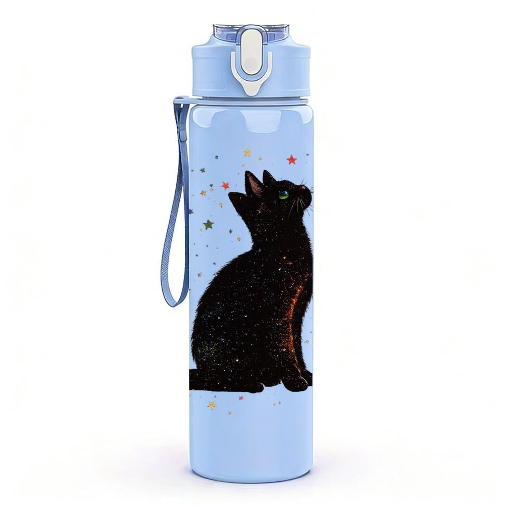 1PC Single Black Cat Silhouette Standing Print 750ml Color Plastic Sports Water Bottle Leakproof Flip Straw Lid Suitable for Sports Office Home Use