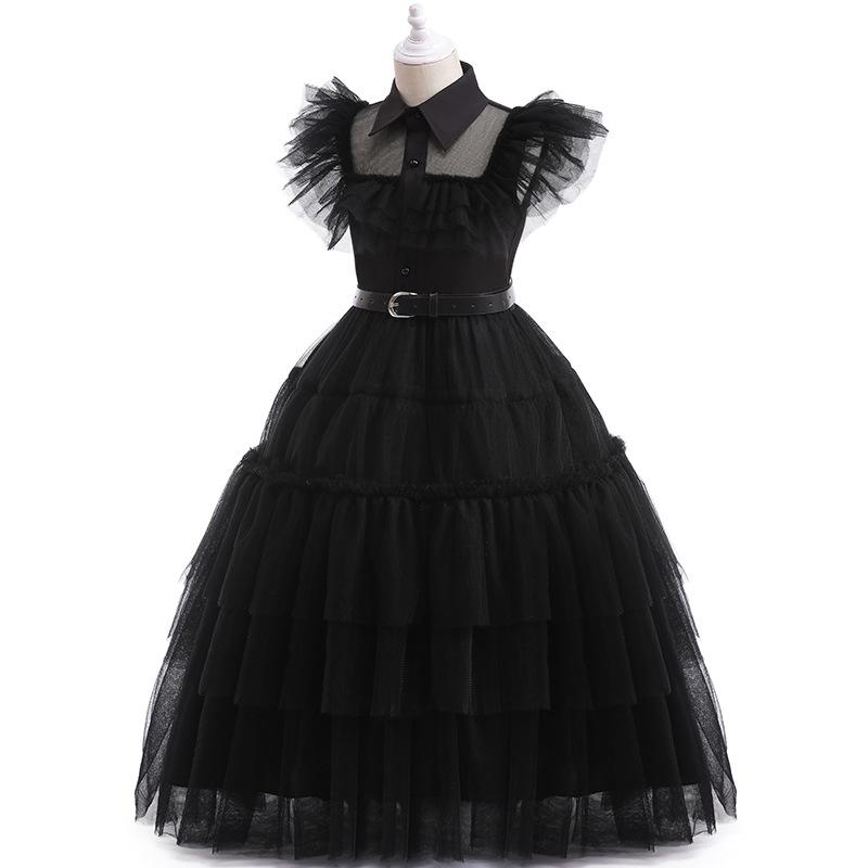 Popular Girls' Addams Family Wednesday Cosplay Dress with Puff Sleeves and Waist-Cinching Design