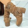 Fashion Fashion Metal Decor Mid Calf Boots for Women Khaki Faux Suede Chunky Heel Combat Booties Woman Autumn Winter Slip On Botas Mujer