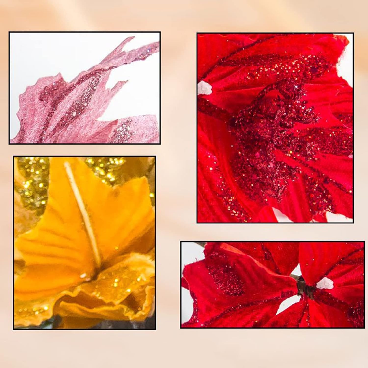 6pcs Silk Poinsettias Artificial Christmas Flowers Glitter Poinsettia Christmas Tree Ornaments Artificial Wedding Christmas Tree Flower Wreath
