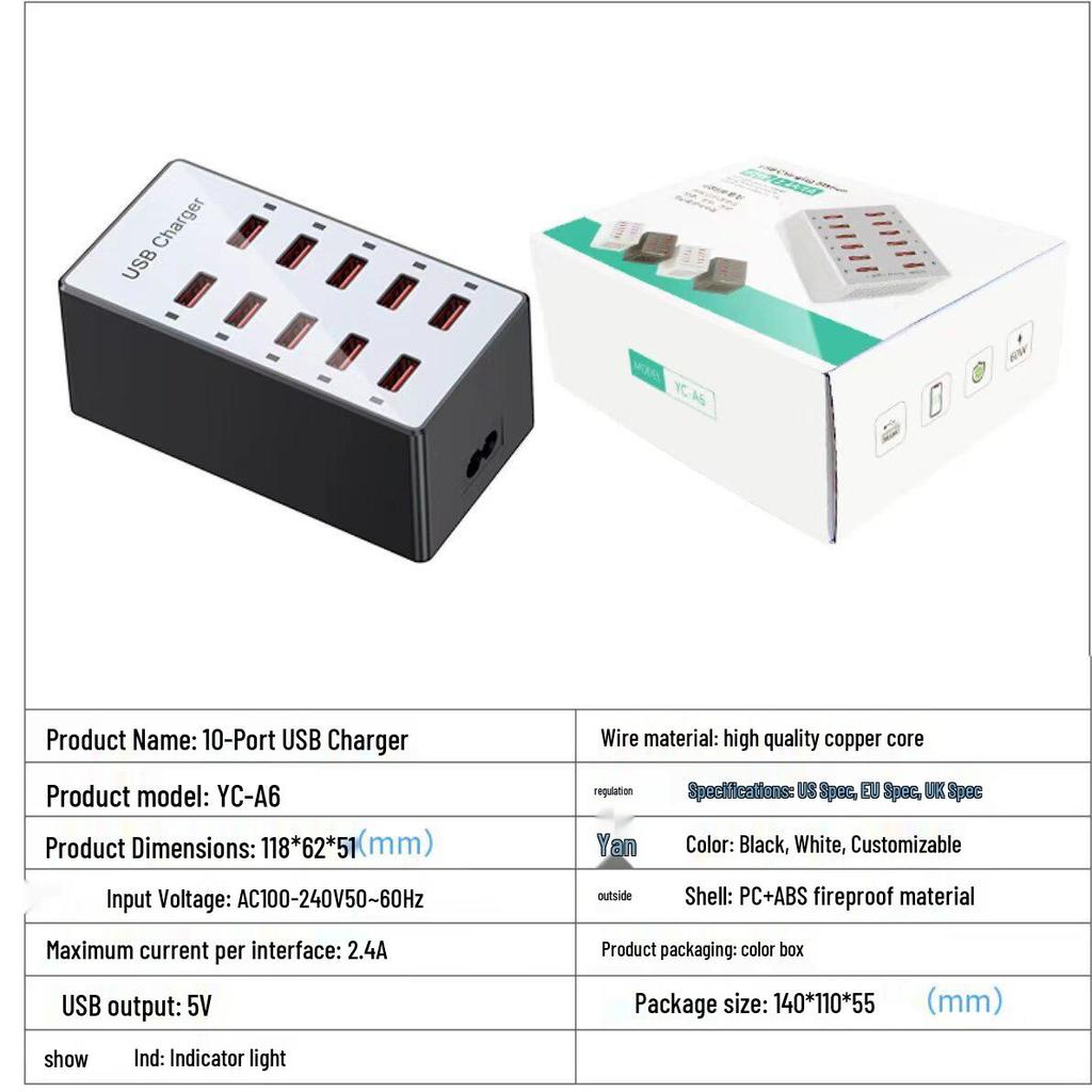 100W 20-Port Multi-Device USB Charger for Phones