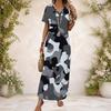 Women Plus Size V Neck Short Sleeve Blue Printed Long Straight Dress